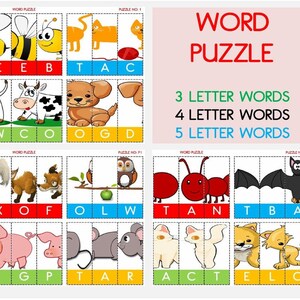 Pode incluir: Um conjunto de cartas de quebra-cabeça de palavras com ilustrações coloridas de animais e letras. As cartas são divididas em três seções: palavras de 3 letras, palavras de 4 letras e palavras de 5 letras. Cada carta tem uma imagem de um animal e as letras da palavra estão embaralhadas. O objetivo do quebra-cabeça é desembaralhar as letras para formar a palavra correta.