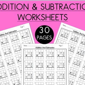 Addition And Subtraction Math Worksheets. 1 Digit & 2 Digit 30 Pages Printable 3 Set Worksheets with Answers