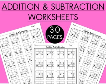 Addition And Subtraction Math Worksheets. 1 Digit & 2 Digit 30 Pages Printable 3 Set Worksheets with Answers