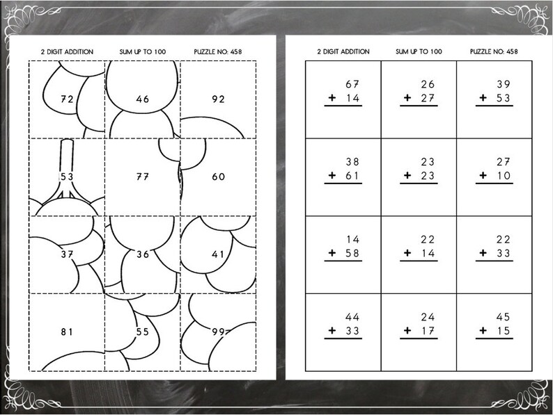 May include: A black and white worksheet with two-digit addition problems. The problems are arranged in a grid with three columns and four rows. The worksheet is titled "2 Digit Addition" and "Sum Up to 100".