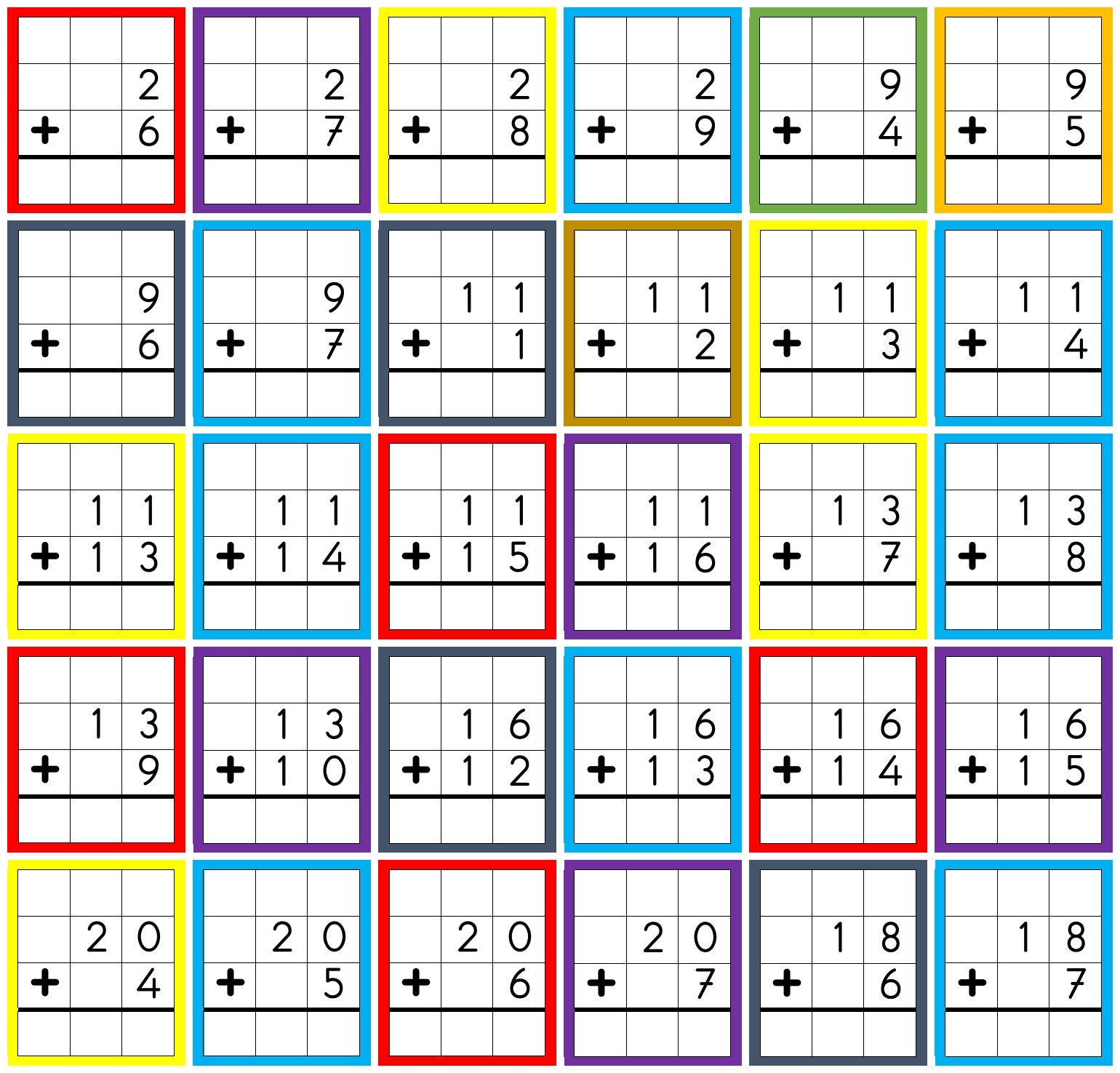 Addition Flash Cards Numbers 0 to 20 Printable Preschool Homeschool