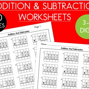 Additions- och subtraktionsmatteövningsblad. 3-siffriga och 4-siffriga tal, 40 sidor, utskrivbara 2-set arbetsblad med svar.