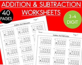 Addition And Subtraction Math Worksheets. 3 Digit & 4 Digit 40 Pages Printable 2 Set Worksheets with Answers