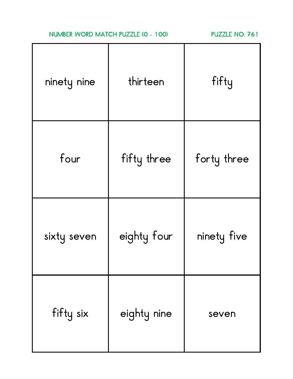 Puzzle match the number to the word activity numbers 0 100 numbers in