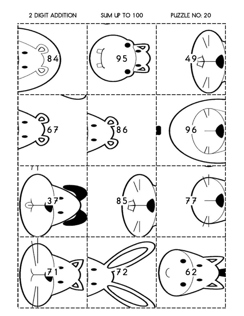 May include: A black and white worksheet with a grid of nine squares. Each square contains a cartoon animal with a two-digit number inside. The worksheet is titled "2 Digit Addition", "Sum Up To 100", and "Puzzle No: 20".
