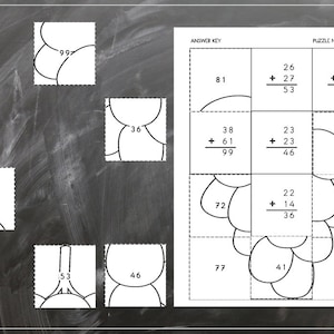 May include: Black and white puzzle with a flower design. The puzzle is divided into nine sections, each with a number and a simple addition problem. The answer key is provided on the right side of the image. Puzzle No. 458.