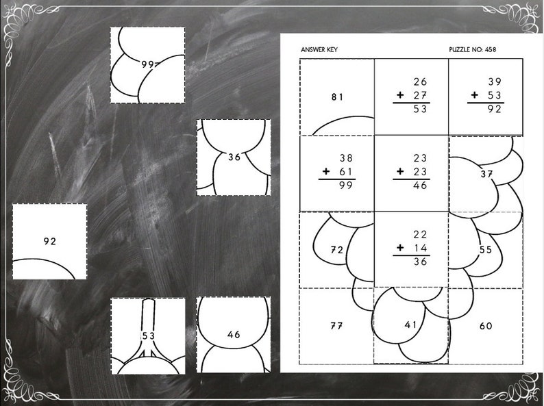 May include: Black and white puzzle with a flower design. The puzzle is divided into nine sections, each with a number and a simple addition problem. The answer key is provided on the right side of the image. Puzzle No. 458.