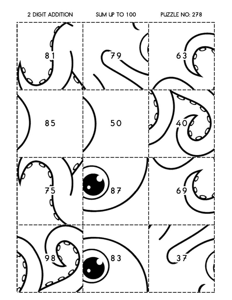 May include: A black and white printable worksheet with a 3x3 grid of squares. Each square contains a two-digit number and a black and white illustration of an octopus tentacle. The worksheet is titled "2 Digit Addition" and "Sum Up To 100".