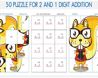 50 Puzzle For 2 And 1 Digit Addition. Addition (Adding) Animal Puzzles for kids. Printable Instant Download. Digital