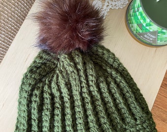 Green Crocheted Winter Hat with Faux Fur Pom Pom