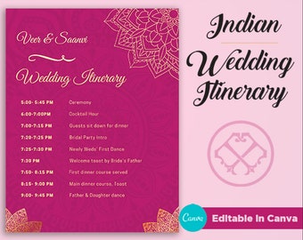 Indian Wedding Itinerary Template | Indian Template | Editable in Canva