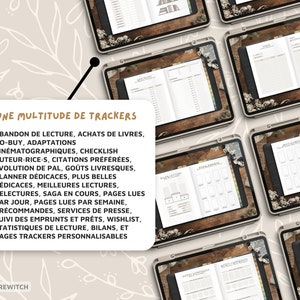 May include: A digital planner with a wooden background and floral accents. The planner includes trackers for bookish activities, such as reading, book buying, and wishlists. The text on the planner reads "Une multitude de trackers" and lists various bookish activities.