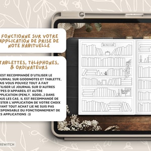 May include: A black and white printable planner page with a bookshelf design. The page is titled "My Pile to Read" and includes space for listing books. The page is designed to be used with note-taking apps like Goodnotes and Notability.