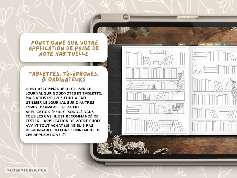 May include: A black and white printable planner page with a bookshelf design. The page is titled "My Pile to Read" and includes space for listing books. The page is designed to be used with note-taking apps like Goodnotes and Notability.
