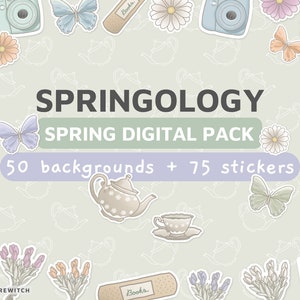 DIGITAL PACK Springology stickers backgrounds pack, social media, digital journal, spring, pastel, cute, goodnotes, instagram, printable image 1