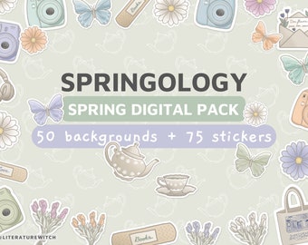 DIGITAL PACK - Springology stickers + backgrounds pack, social media, digital journal, spring, pastel, cute, goodnotes, instagram, printable