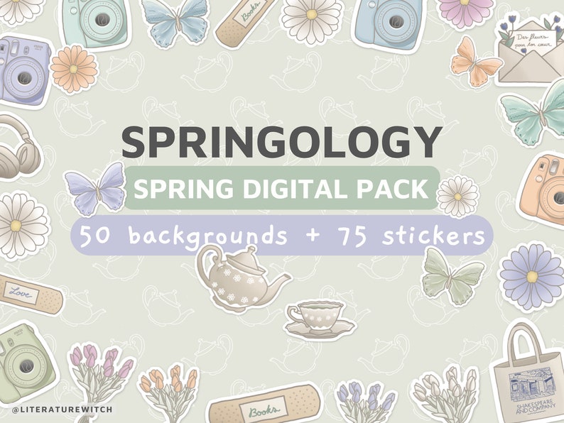 DIGITAL PACK Springology stickers backgrounds pack, social media, digital journal, spring, pastel, cute, goodnotes, instagram, printable image 1