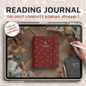Peut inclure: Un journal de lecture bordeaux avec des étoiles dorées et un croissant de lune. Les mots "reading journal" sont en or. L'image comprend également le texte "READING JOURNAL THE MOST COMPLETE READING JOURNAL!" et "ENGLISH + FRENCH AVAILABLE".