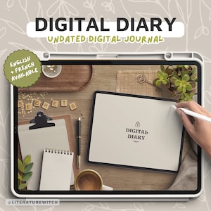 Peut inclure: Une tablette tactile blanche avec un écran vide et un stylet sur une table en bois. La tablette affiche le texte "Digital Diary" sur l'écran. Il y a d'autres objets sur la table, notamment une petite plante, une tasse de café, un carnet et un presse-papiers. L'arrière-plan est beige clair avec un motif floral.