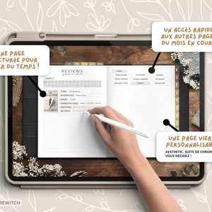 May include: A digital planner open on a tablet screen with a hand holding a stylus. The planner has a page for book reviews with a section for title, author, genre, format, and rating. The planner also has a blank page for notes and a page with a calendar view. The text on the screen reads "Reviews", "Title", "Author", "Genre", "Format", "My Note", and "Pages".