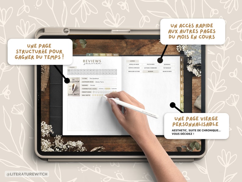 May include: A digital planner open on a tablet screen with a hand holding a stylus. The planner has a page for book reviews with a section for title, author, genre, format, and rating. The planner also has a blank page for notes and a page with a calendar view. The text on the screen reads "Reviews", "Title", "Author", "Genre", "Format", "My Note", and "Pages".