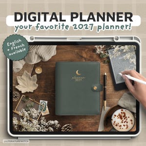 Peut inclure: Un agenda numérique affiché sur l'écran d'une tablette, présentant une couverture vert foncé avec un croissant de lune doré et le texte 'planner 2027'. L'écran affiche également 'DIGITAL PLANNER', 'your favorite 2027 planner!' et 'English + French available'.