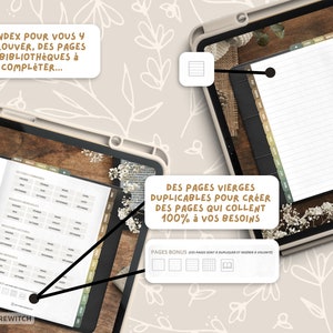 May include: A digital planner with a wooden background. The planner includes an index, blank pages, and pages with grids. The text "UN INDEX POUR VOUS Y RETROUVER, DES PAGES DE BIBLIOTH&Egrave;QUES &agrave; COMPLETER..." is visible in the image. The text "DES PAGES VIERGES DUPLICABLES POUR CREER DES PAGES QUI COLLENT 100% &agrave; VOS BESOINS" is also visible in the image.