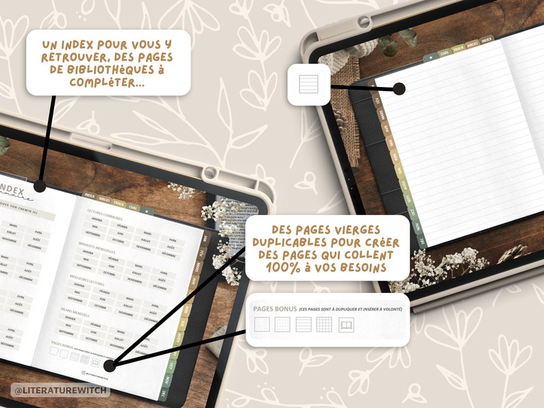May include: A digital planner with a wooden background. The planner includes an index, blank pages, and pages with grids. The text "UN INDEX POUR VOUS Y RETROUVER, DES PAGES DE BIBLIOTH&Egrave;QUES &agrave; COMPLETER..." is visible in the image. The text "DES PAGES VIERGES DUPLICABLES POUR CREER DES PAGES QUI COLLENT 100% &agrave; VOS BESOINS" is also visible in the image.