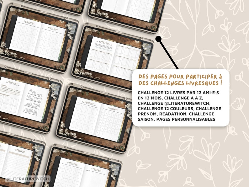 May include: Printable digital planner pages for book reading challenges.  The pages include a 12 books in 12 months challenge, a book challenge from A to Z, a 12 color challenge, a readathon challenge, and a challenge by season.  The pages are customizable.