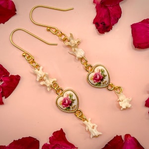 Real Rattlesnake Gold and Floral Heart Drop Earrings, Valentines Gift, Real Bone Jewelry