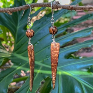 May include: A pair of dangle earrings with brown wood-like teardrop-shaped pendants and brown and black bead accents.