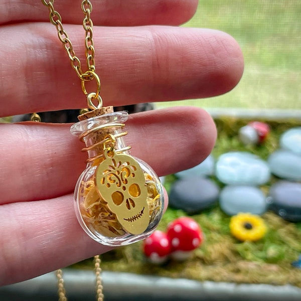 Calendula and sulll bottle necklace, Samhain, Halloween, Day of the Dead Jewelry, sugar skull