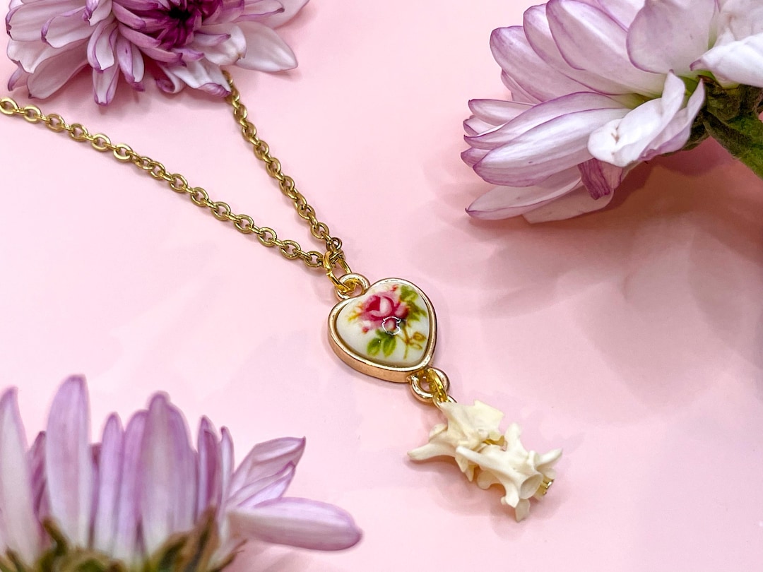 Real Rattlesnake Gold and Floral Heart Necklace, Valentines Gift, Real ...