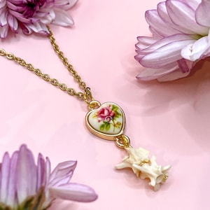 Real Rattlesnake Gold and Floral Heart Necklace, Valentines Gift, Real Bone Jewelry
