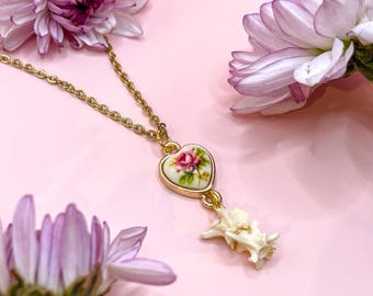 Real Rattlesnake Gold and Floral Heart Necklace, Valentines Gift, Real Bone Jewelry