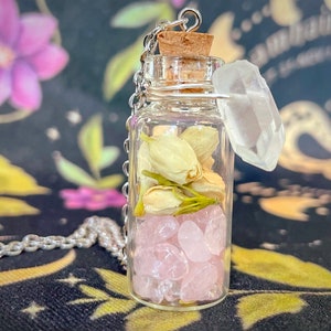 Potion Bottle Necklace, Wire Wrapped Crystal and Flower Bottle Necklace, Spell Bottle