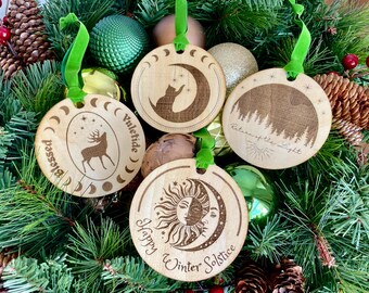 Yule Wood Ornaments: Winter Solstice Decor, Reindeer, Cat, Sun, Moon