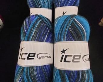 4-Pack Blue Grey Turquoise mix, Superwash Wool/Polyamide (ICE Print Sock Yarn). New.