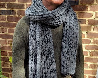 Men's 100% Wool, Long (80'') Hand-Knit Scarf with A Classic Brioche Pattern. 3 colors available: dark gray, light gray, bright red.