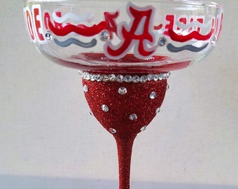 Hand Painted Bling Alabama Crimson Tide Margarita Glass