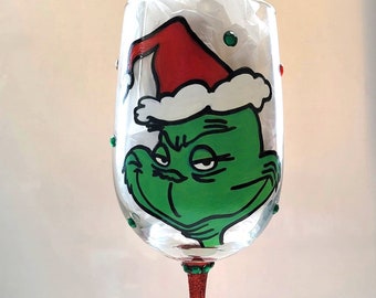 Hand-Painted Grinch Wine Glass, Christmas Hostess Gift