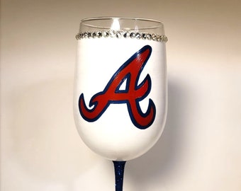 Atlanta Braves Hand-Painted Wine Glass with Rhinestone Bling