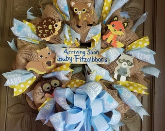 Baby Boy Woodland Animals Deco Mesh Wreath, Baby Shower Gift