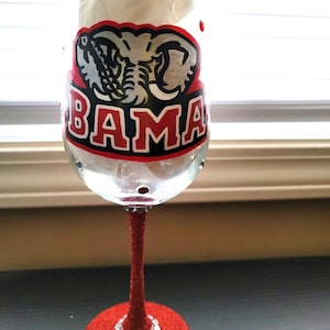 Alabama Crimson Tide Hand Painted Wine Glass/ Bedazzled/Glitter Glass/ Gift for her/College Gift/Roll Tide Barware