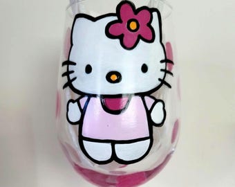 Hand Painted Hello Kitty Wine Glasses/ 18 oz/Glassware/Hello Kitty/Gift for her/Birthday/Mothers Day/Christmas Gift Glass/Bling Wine Glass