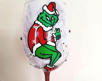 Hand Painted Grinch Wine Glass with Rhinestone Stem