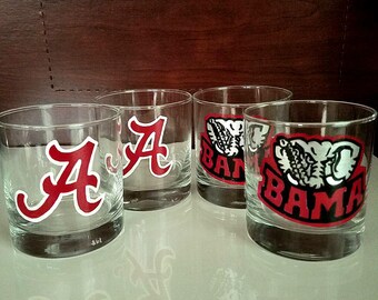 Hand Painted Alabama Crimson Tide Whiskey Glasses, Set of 4