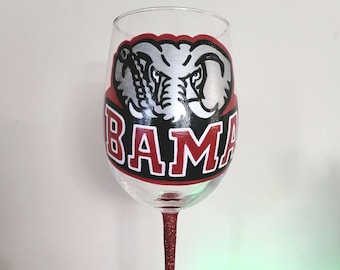 Alabama Crimson Tide Wine Glass, Hand Painted Glitter Stem