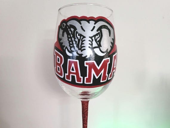 Alabama Crimson Tide Wine Glass, Hand Painted Glitter Stem - Etsy
