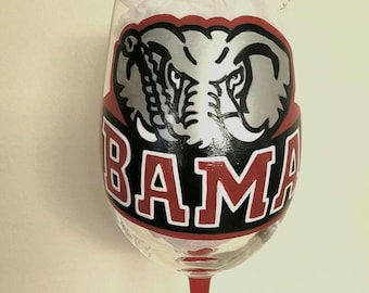 Alabama Crimson Tide Wine Glass, Hand Painted Roll Tide Barware